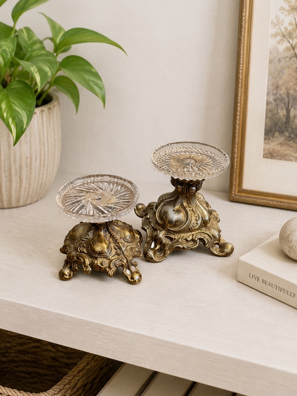Vintage Brass Glass Top‎ Candle Holders Pair Gothic Decor Castlecore Maximalist